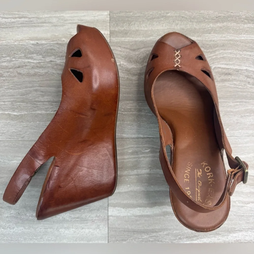 Kork-Ease Brown Leather Peep-Toe Wedge Slingbacks